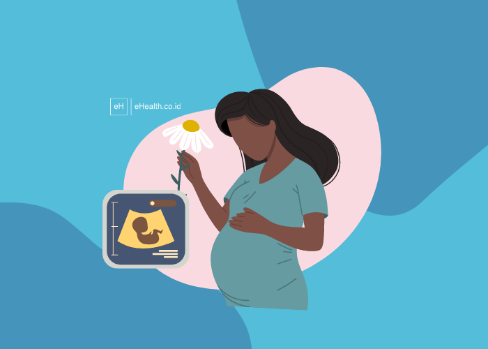 Ibu hamil sedang memegang perut dan memegang bunga. Dia melihat janin pada layar.